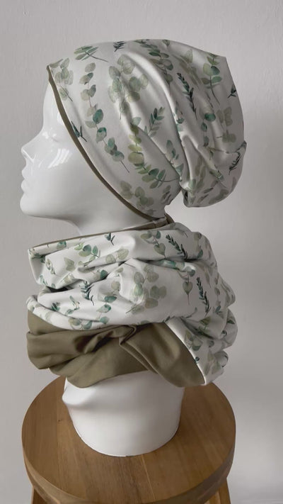 Eukalypus Olive Set, Wendemütze handmade, XXL Wickelschal, Mütze und Schal Set, Handmade Accessoires, limitiertes Set, Baumwolljersey, Unikat
